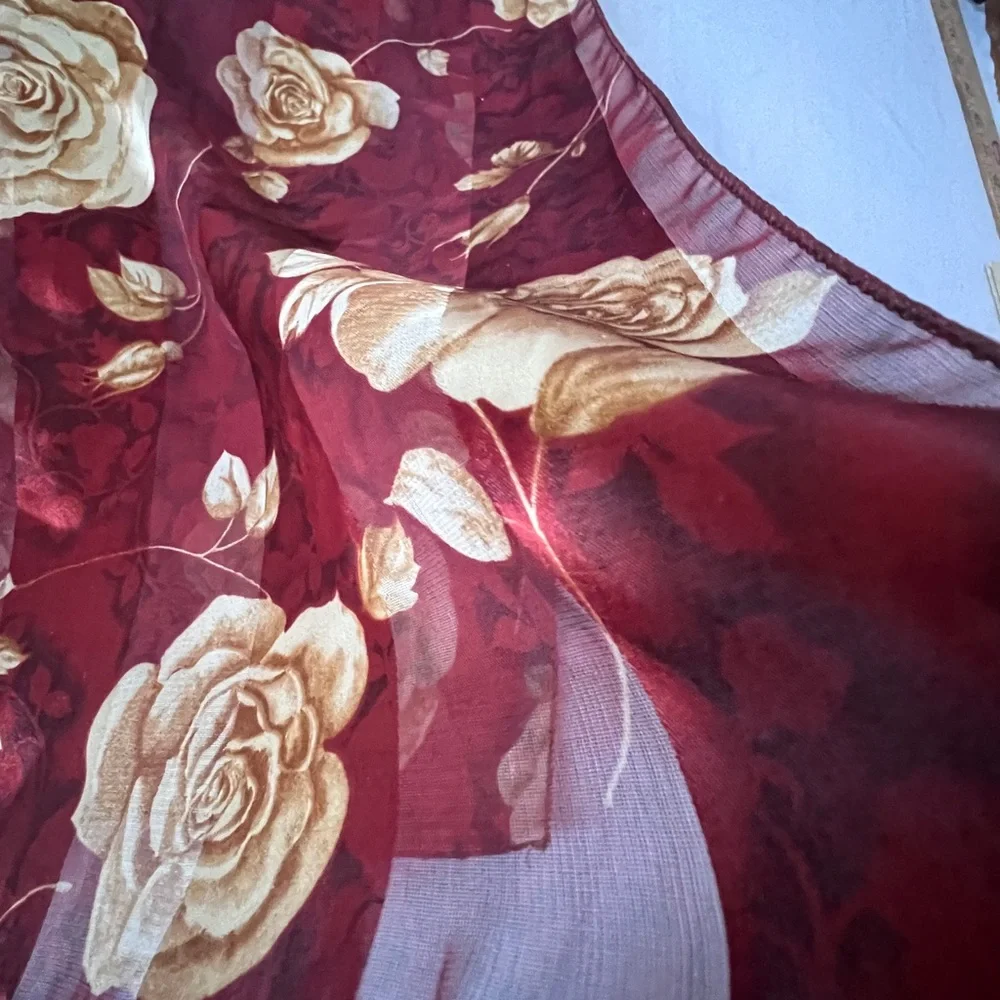 Vintage Sheer Floral Scarf Burgundy Rose Silky Striped Made in Korea 90s